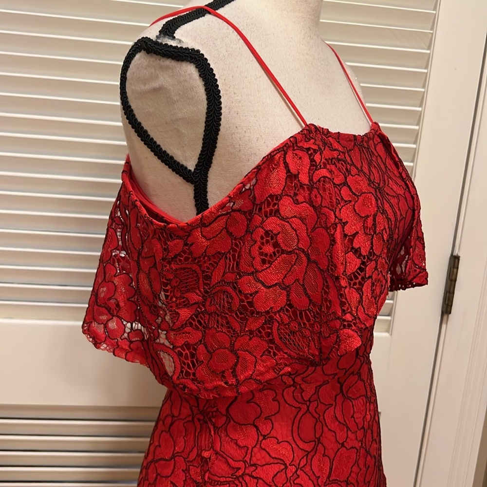 GB Dress~ Elegant Red Lace Off-Shoulder in Red with Black, Size XS, EUC - Picture 9 of 17